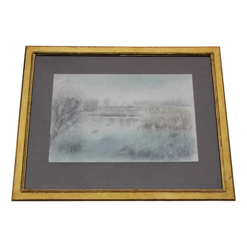 Рисунок - акварель Bord du Lac с уткой, подпись внизу… - Moinat - Картины - Пейзаж