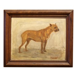 Kleines Gemälde eines Hundes \"Boxer\", Studie auf Holz, signiert Lorand
