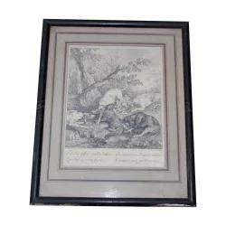 Gravure ancienne sous verre scène de chasse 19ème siècle