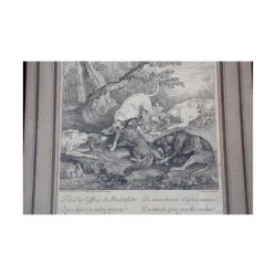Gravure ancienne sous verre scène de chasse 19ème siècle
