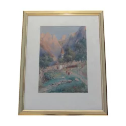 Watercolor under glass signed lower right August BAUERNHEINZ …