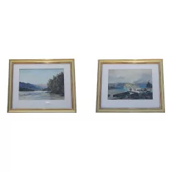 Pair of watercolors under glass signed lower right Auguste …