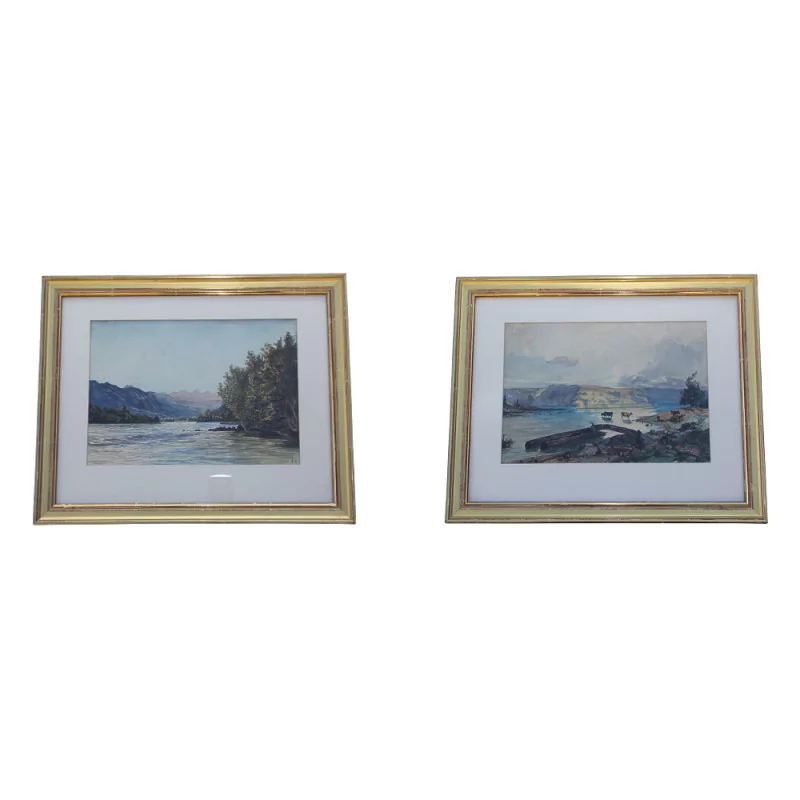 Paire d'aquarelles sous verre signé en bas à droite Auguste … - Moinat - Tableaux - Paysage
