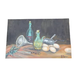 Oil painting on wood without frame - Still life - signed in …