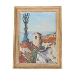 Oil painting on wood with frame - Landscape of Ticino - signed …