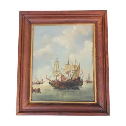Oil painting on wood - Marine - with frame signed lower …