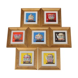 Series of 7 small paintings with painted porcelain representing