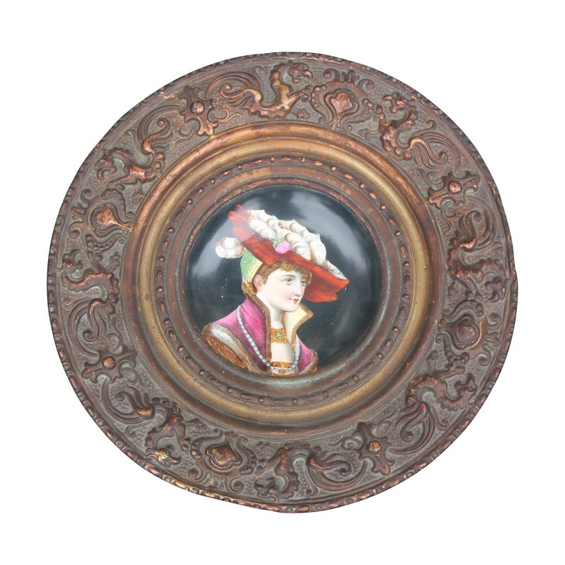 Assiette peinte avec cadre en tôle. 20ème siècle - Moinat - Miniatures - Médaillons Assiette peinte avec cadre en tôle. 20ème siècle - Moinat - Miniatures - Médaillons