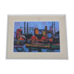 Tableau huile sur bois non signé - Raffinerie de pétrole. Vers