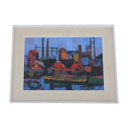 Table oil on wood unsigned - Oil refinery. Towards …