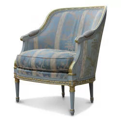 Bergere Louis XVI mit blauem und beigem Stoff bezogen, bemaltes Holz...