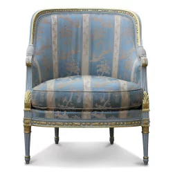 Bergère Louis XVI recouvert de tissu bleu et beige, bois peint …