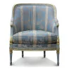 Bergere Louis XVI 覆盖着蓝色和米色织物，涂漆木... - Moinat - 扶手椅