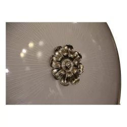 Satin nickel ceiling light with patterns, with frosted glass.