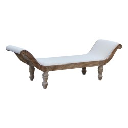 Banquette rustique en bois blanchi et recouvert de tissu