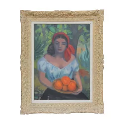 Grand tableau huile sur toile - Femme aux oranges - signé en …
