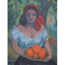 Grand tableau huile sur toile - Femme aux oranges - signé en …