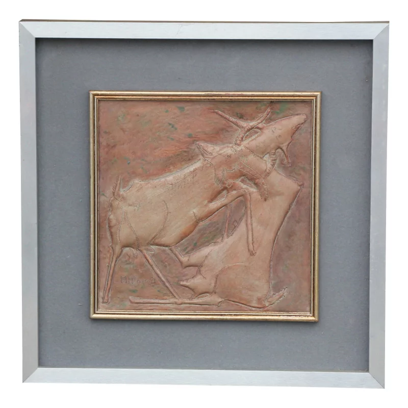Tableau avec sculpture plaque de cuivre (relief) signé en bas … - Moinat - Tableaux - Divers