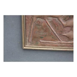 Tableau avec sculpture plaque de cuivre (relief) signé en bas …