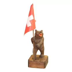 Sculpture Ours porteur de drapeau Suisse en bois de …