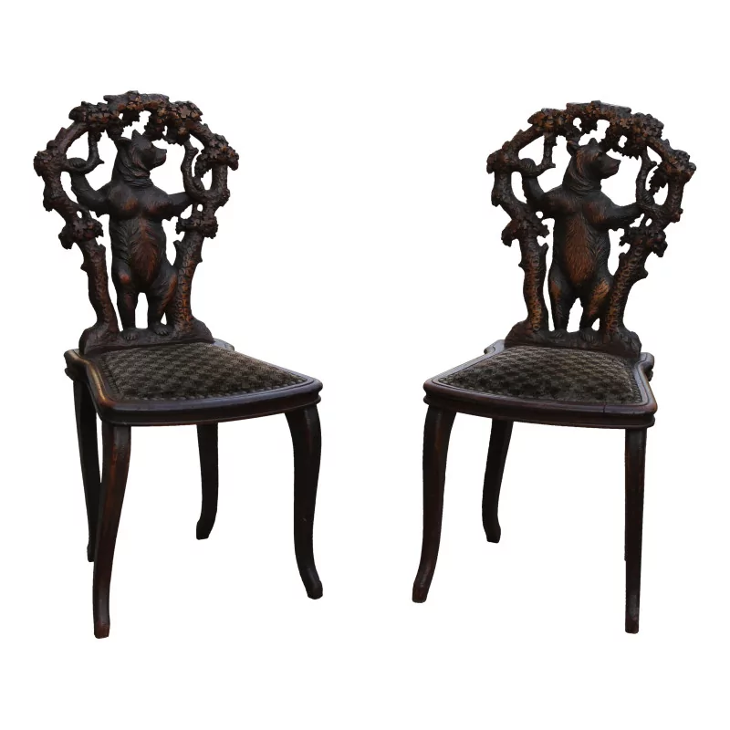 Pair of Brienz \"Bear\" chairs in carved wood with seat … - Moinat - Chairs