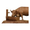 Walnut cow at a drinking trough, sculpture by Brienz, installed … - Moinat - VE2022/3