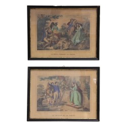 Gravure “Scène de chasse”, sous verre avec cadre noir. 19ème …