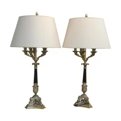 Pair of “Sphinx” column lamps, in silvered bronze …