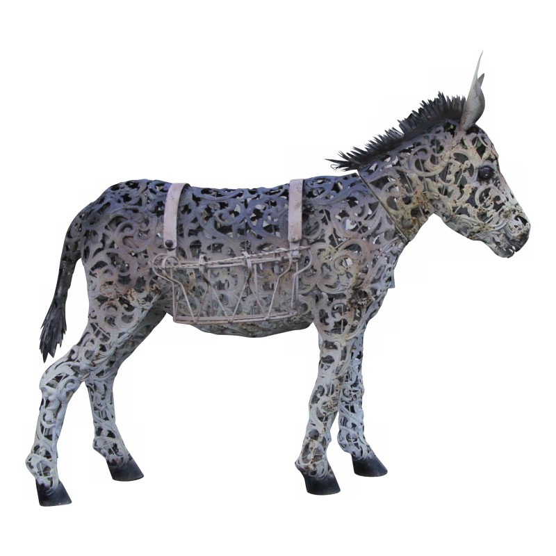 Âne portant deux paniers sur son dos, en fer forgé polychrome. - Moinat - Statues