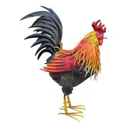 Rooster in iron, red and orange colors.