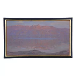 Tableau, huile sur toile représentant un paysage de montagnes …