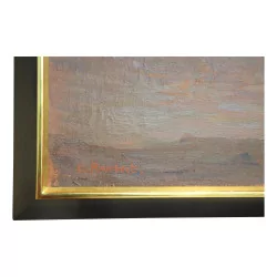 Tableau, huile sur toile représentant un paysage de montagnes …