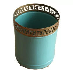 Small basket in sheet metal painted turquoise with openwork edge.