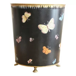 standing basket in painted sheet metal decorated with butterflies