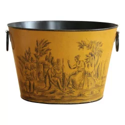 Cache-pot in yellow sheet metal with peasants.