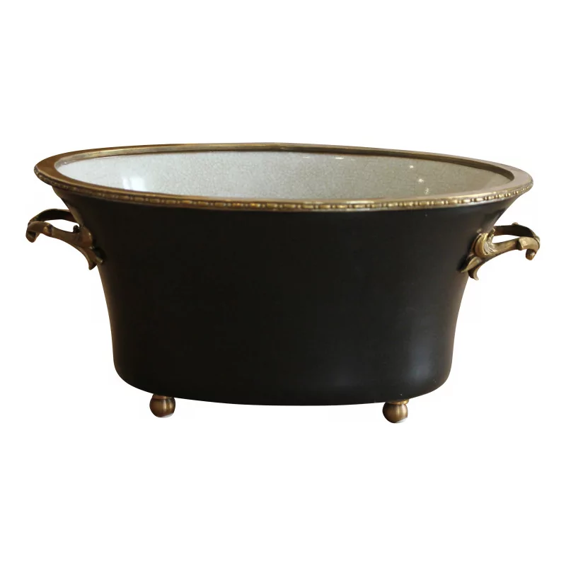Cache-pot noir en porcelaine avec des poignées dorées. - Moinat - Accessoires de décoration