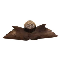 Inkwell in the shape of vine leaves, in dark wood, with the …