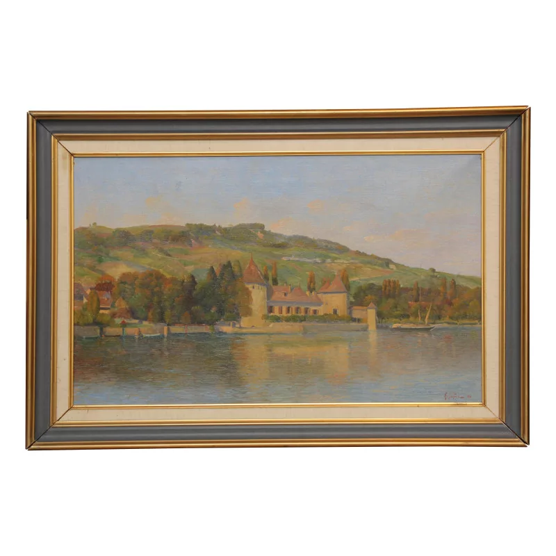 Oil painting on canvas with a view of the Château de Rolle - Moinat - Painting - Landscape