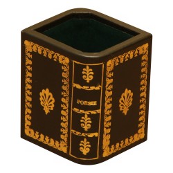 Federmäppchen aus dunkelgrünem Leder mit goldener Verzierung eines Buches …