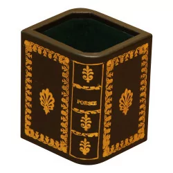 pencil pot in dark green leather with golden decoration of a book …