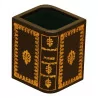 pencil pot in dark green leather with golden decoration of a book … - Moinat - Office accessories, Inkwells
