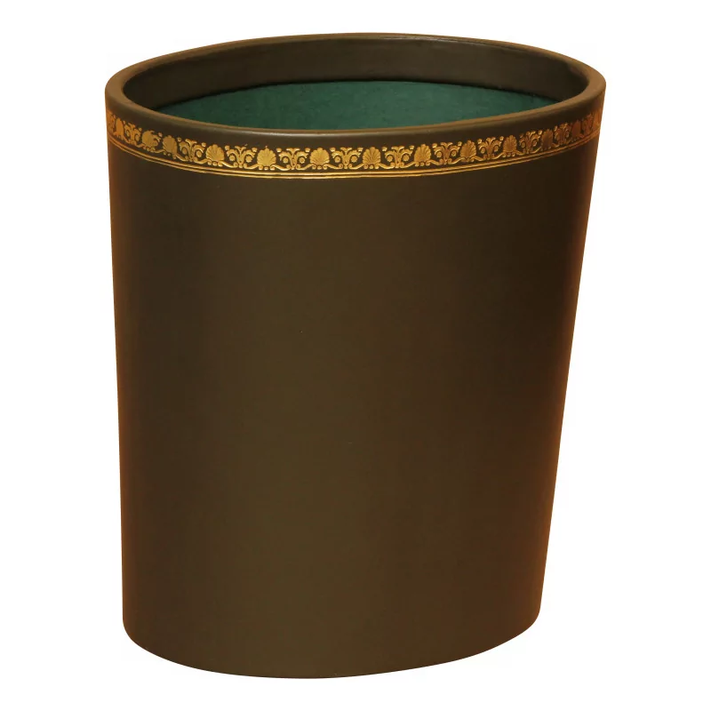 oval wastebasket in dark green leather with sticker - Moinat - Office accessories, Inkwells