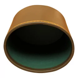 ovaler Papierkorb aus dunkelgrünem Leder mit Aufkleber