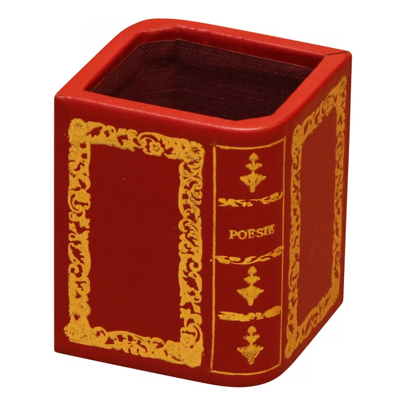 pot for pencils in red leather with golden decoration of an open book. - Moinat - Office accessories, Inkwells