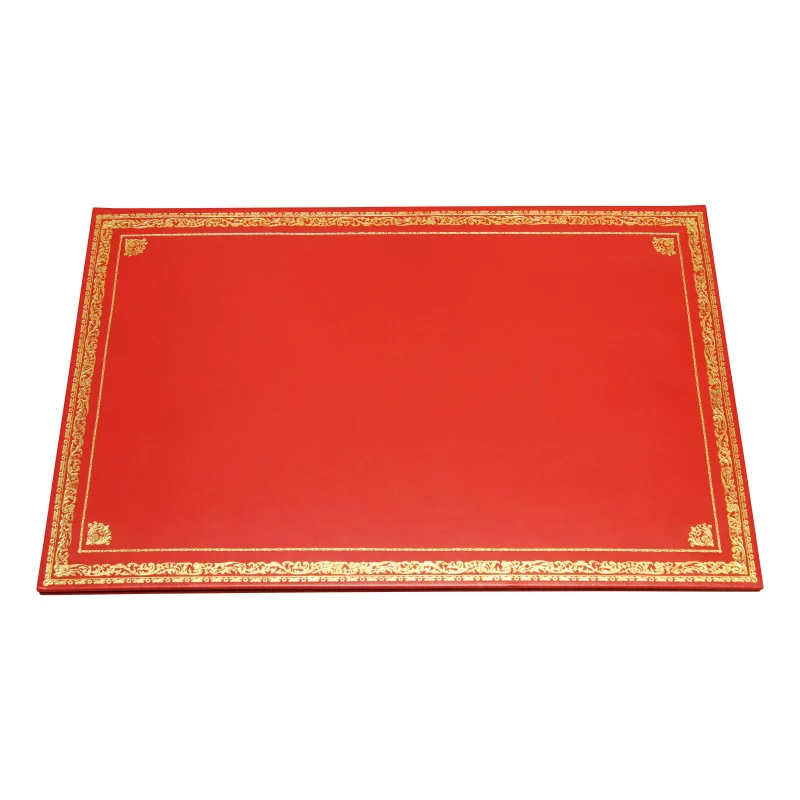 个带有金色装饰图案的红色皮革书包或桌垫， - Moinat - 办公用品, 墨水瓶