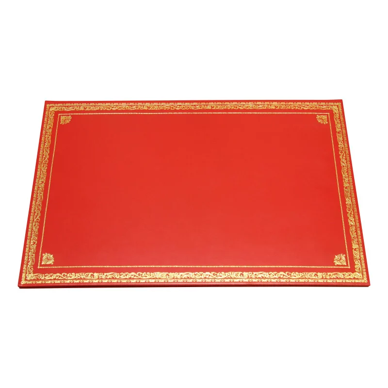 satchel or desk pad in red leather with golden vignettes, - Moinat - Office accessories, Inkwells