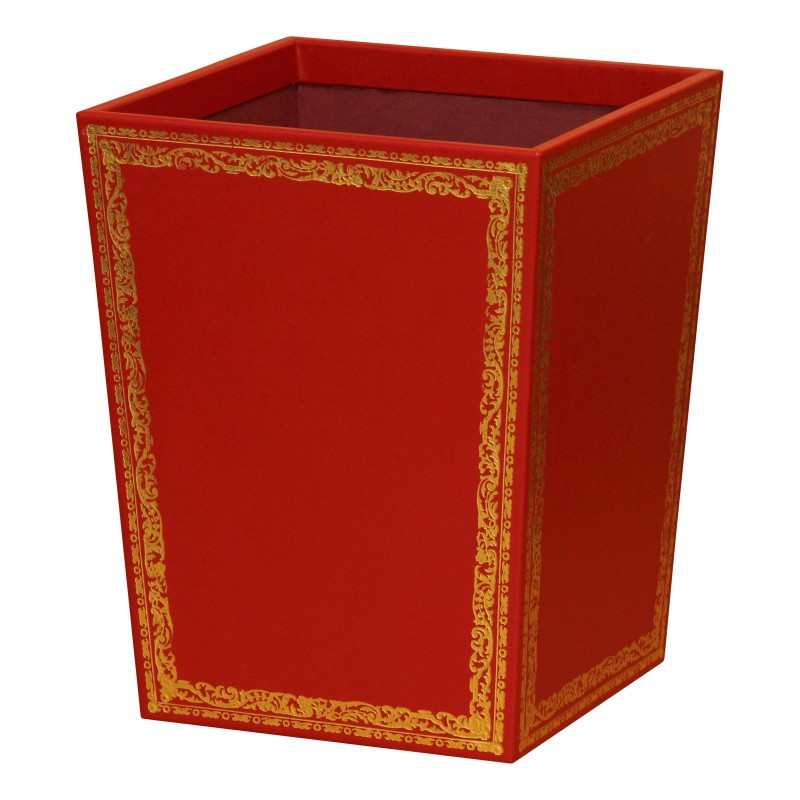 Quadratischer Papierkorb aus rotem Leder mit goldenen Vignetten. - Moinat - Bürozubehör, Tintenbehälter Quadratischer Papierkorb aus rotem Leder mit goldenen Vignetten. - Moinat - Bürozubehör, Tintenbehälter