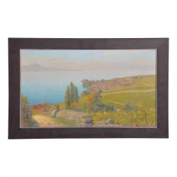 Oil painting on canvas, view of Lake Geneva and the tip of …