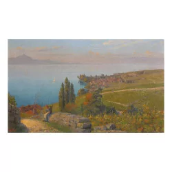 Картина маслом на холсте, вид на Женевское озеро и оконечность …