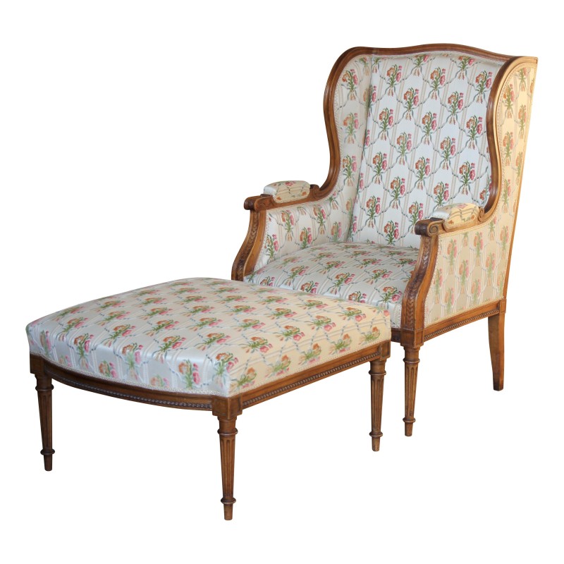 Chaise-longue de style Louis XVI en noyer recouverte de tissu - Moinat - Fauteuils Chaise-longue de style Louis XVI en noyer recouverte de tissu - Moinat - Fauteuils